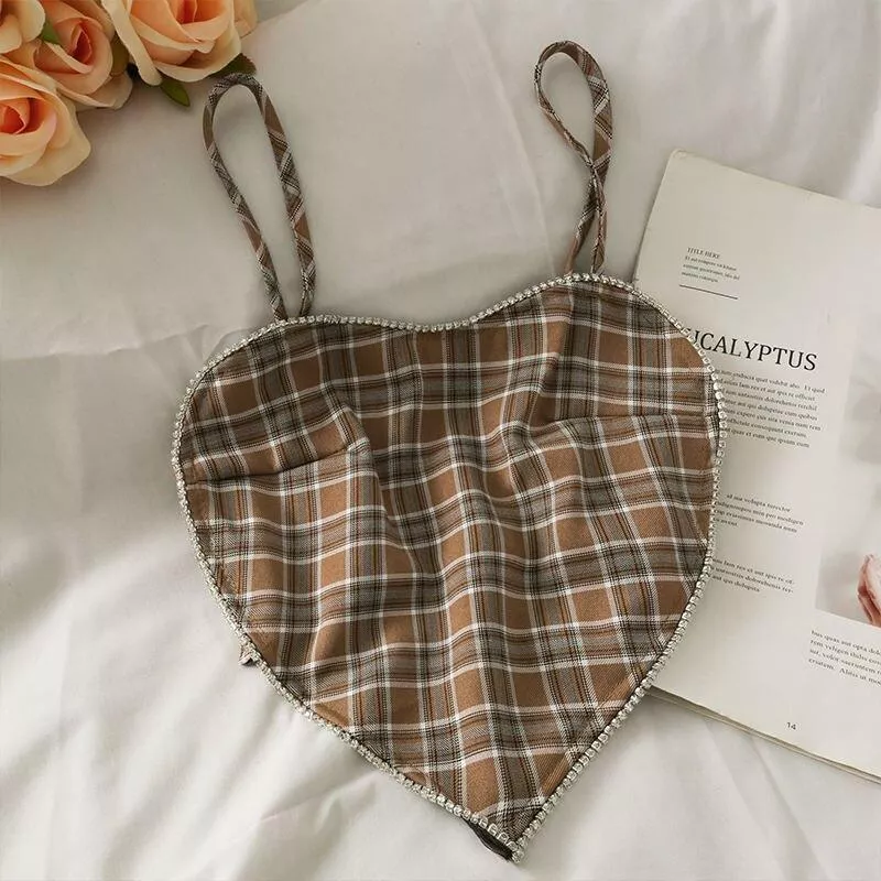 Summer Heart Shaped Camisole Crop Top Women Ringstones Plaid Spaghetti Straps Elastic Back Tank Tops