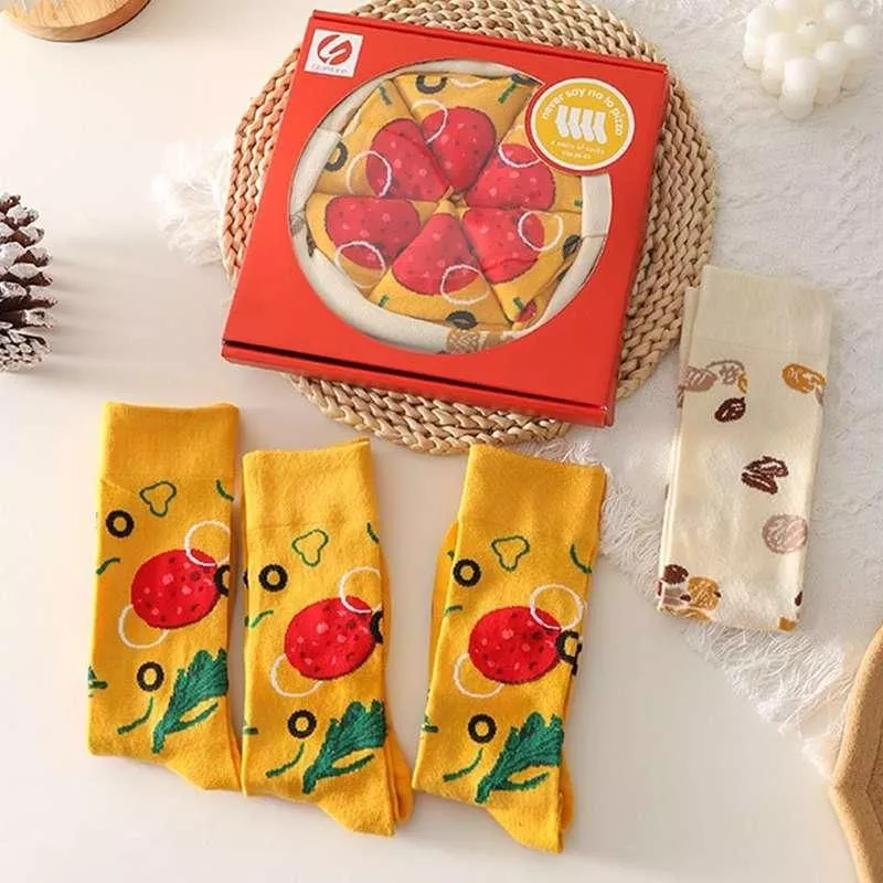 4pair/boxed Funny Socks Cute Simulated Food Pizza Socks Oil Painting Art Ins Fashion Middle Tube Socks Soft Comfortable Sock